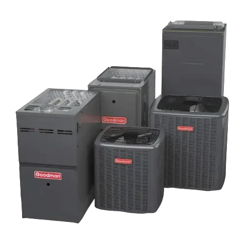 A group of dark grey Goodman HVAC units