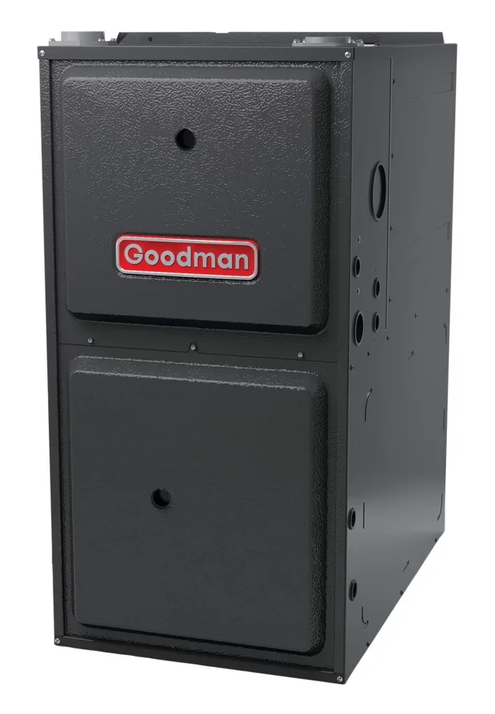 A dark gray Goodman furnace, standing upright.