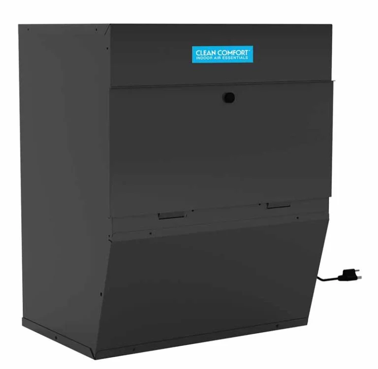 A dark gray Clean Comfort indoor air quality unit