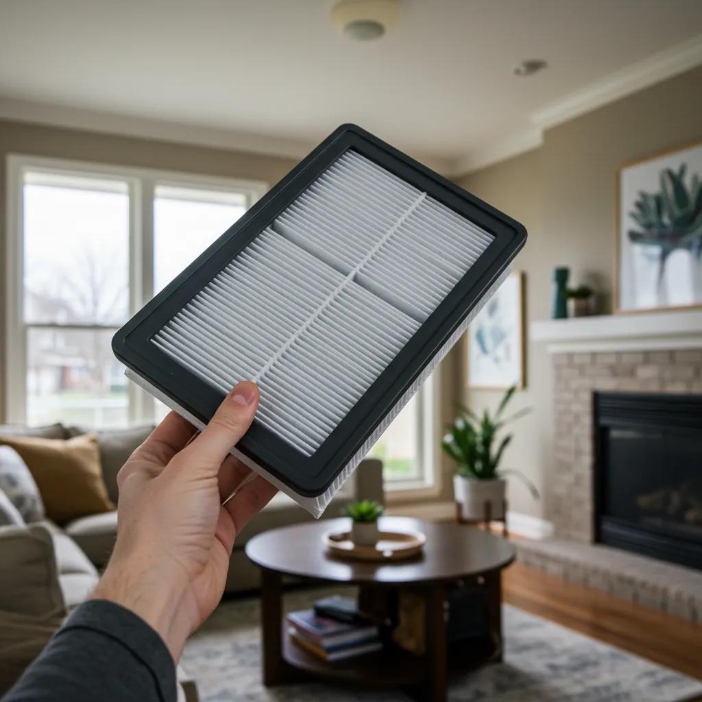 Close-up of a clean furnace filter being held by a person in a comfortable living room, emphasizing improved home air quality