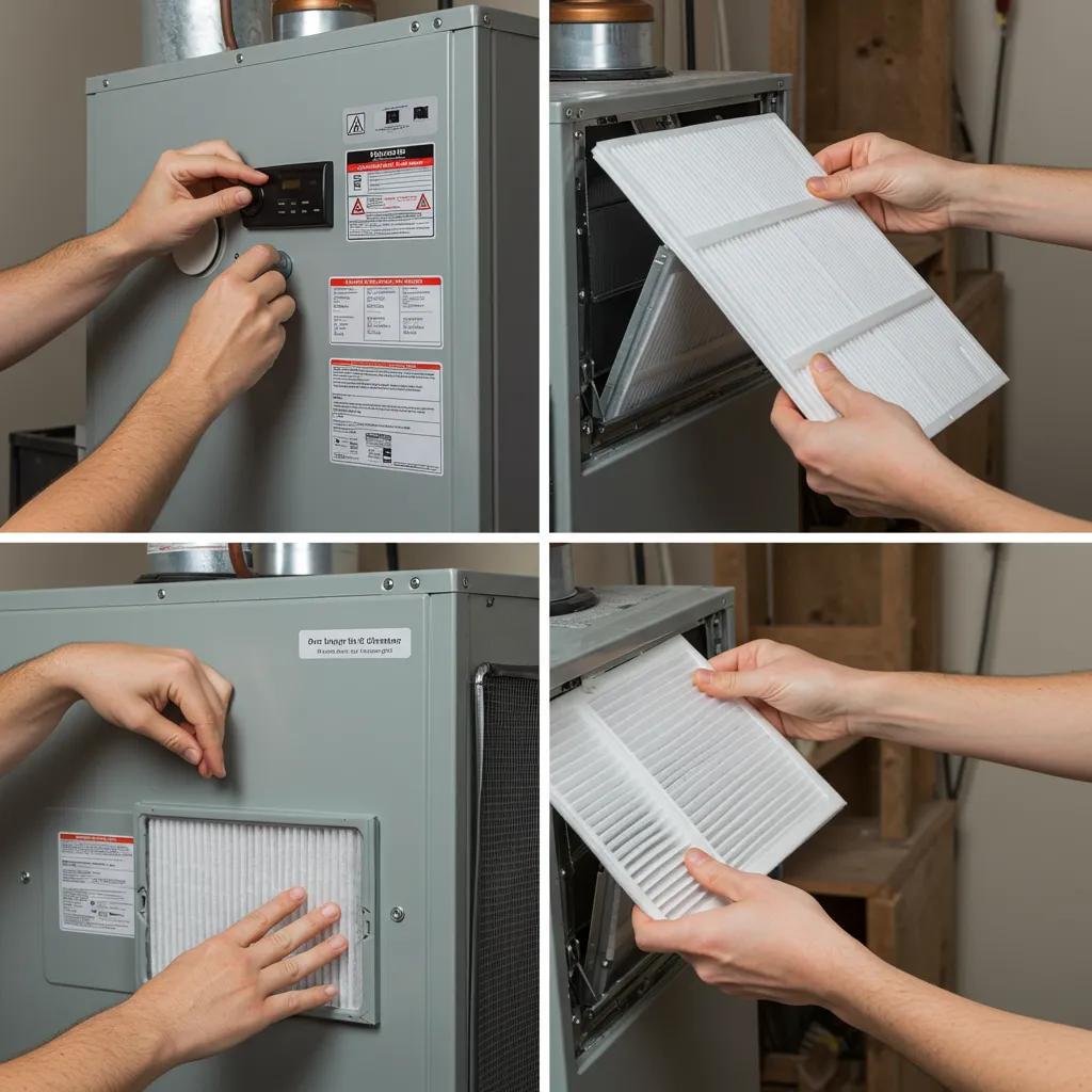 A person demonstrating the process of changing a furnace filter in a utility room setting