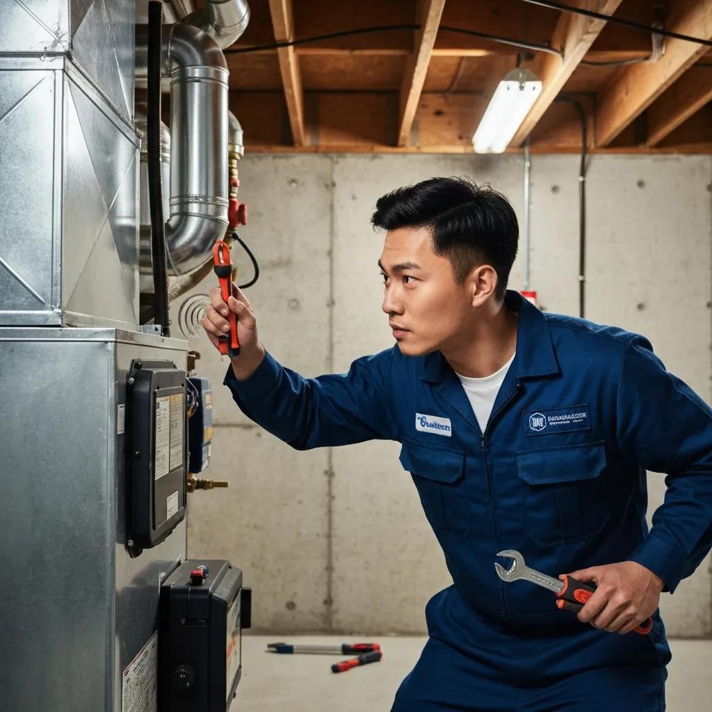 HVAC technician checking a furnace to identify unusual noises and diagnose the issue