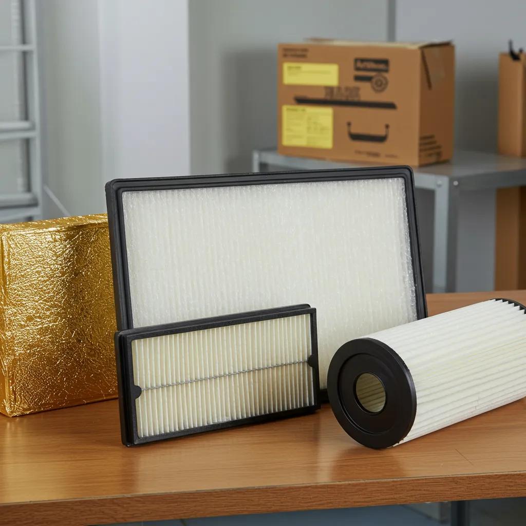 A display of various furnace filter types, including fiberglass, pleated, and HEPA, laid out for comparison