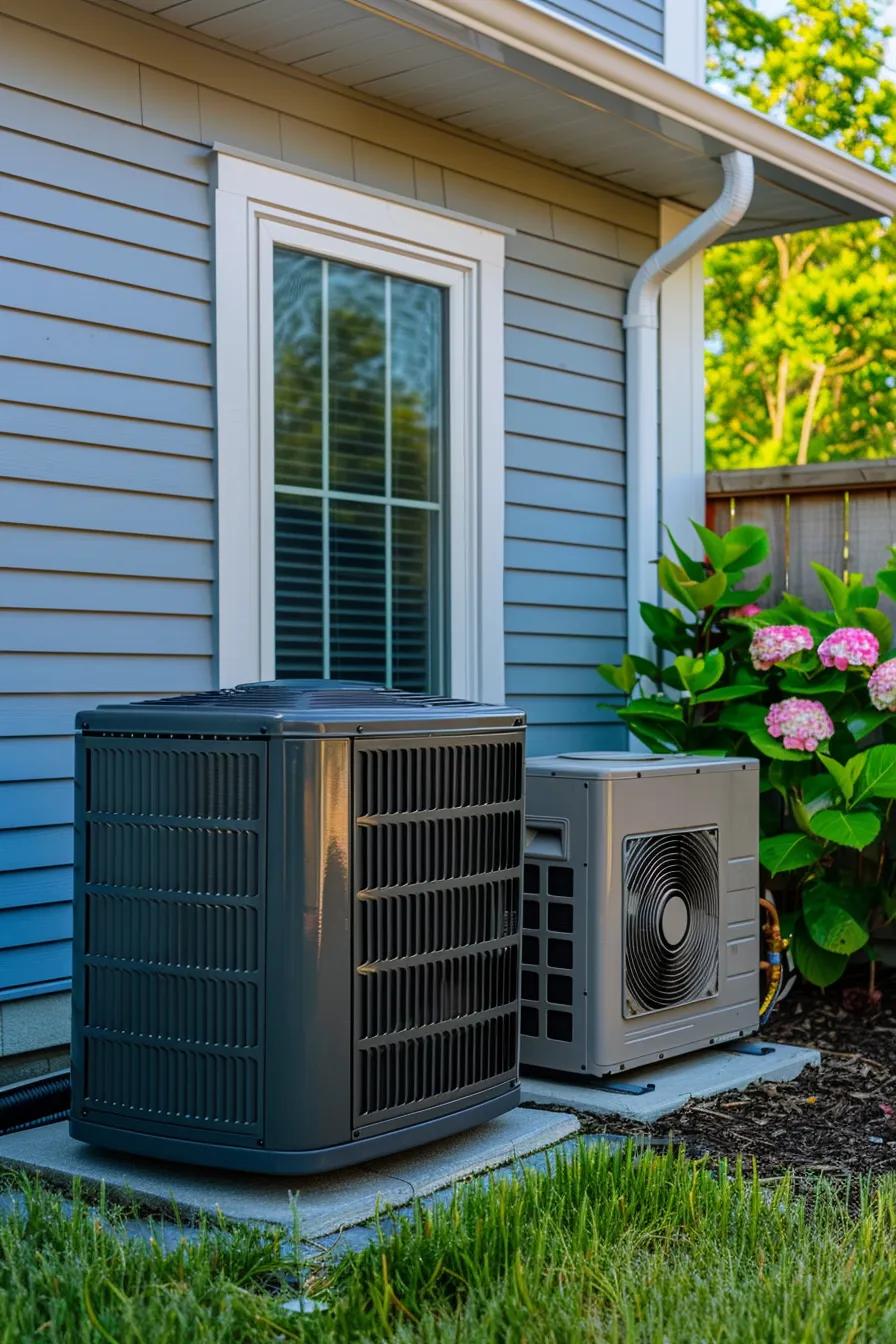 Modern heat pump beside a traditional furnace in a Central Valley home setting